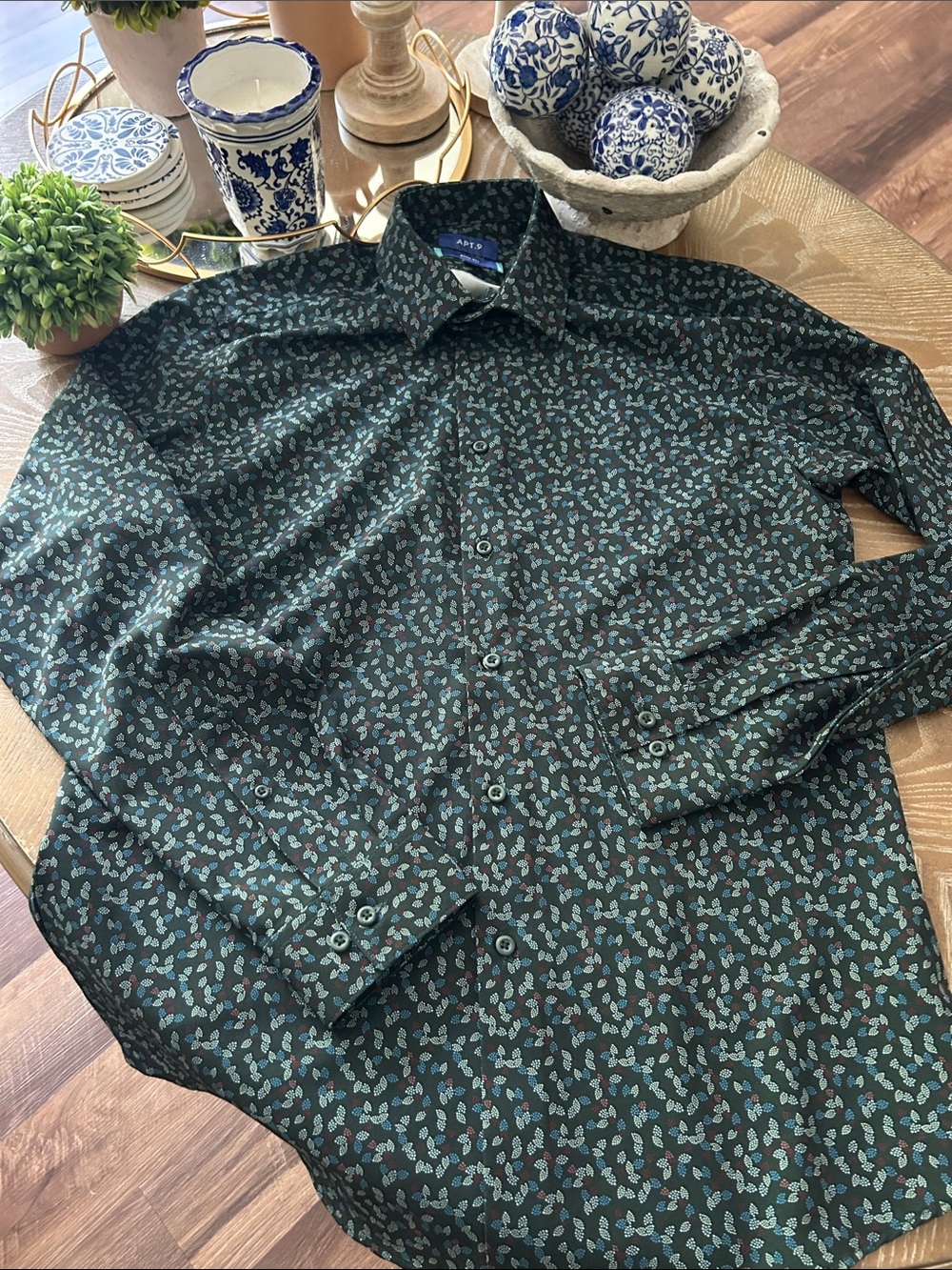 Apt. 9 Men's Dark Green Button-Down Shirt Dot Geometric Pattern Medium